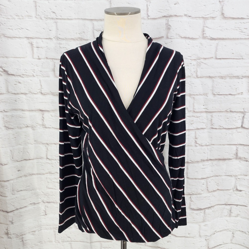 WHBM Wrap Style Career Top Professional Office Stretched Stripe Work Medium